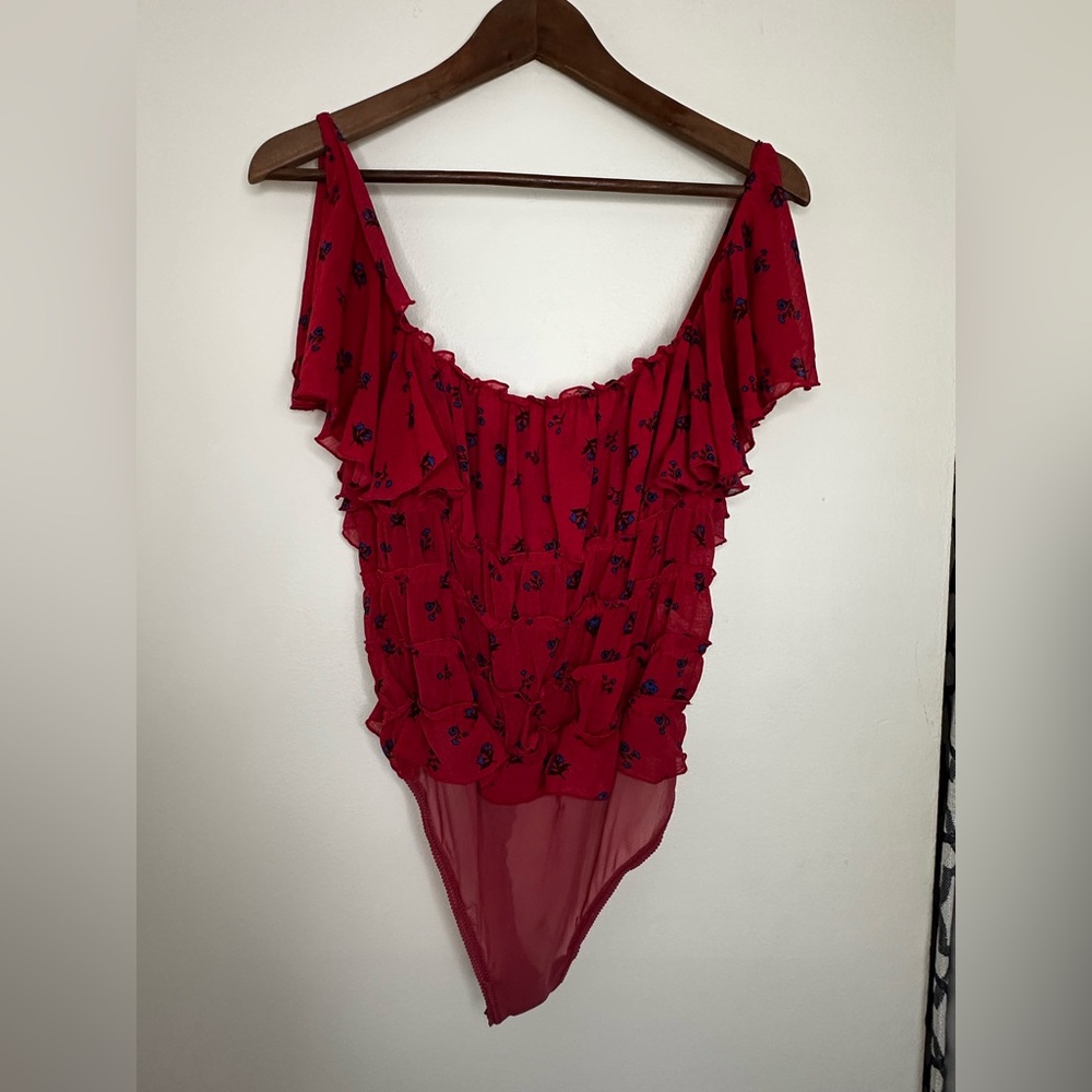 Free People Red Floral Off-Shoulder Ruffled Bodysuit